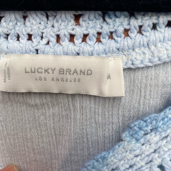 Lucky Brand Womens Medium Blue Crochet Sleeves Tie Dye Boho Short Sleeve Top - Picture 4 of 8